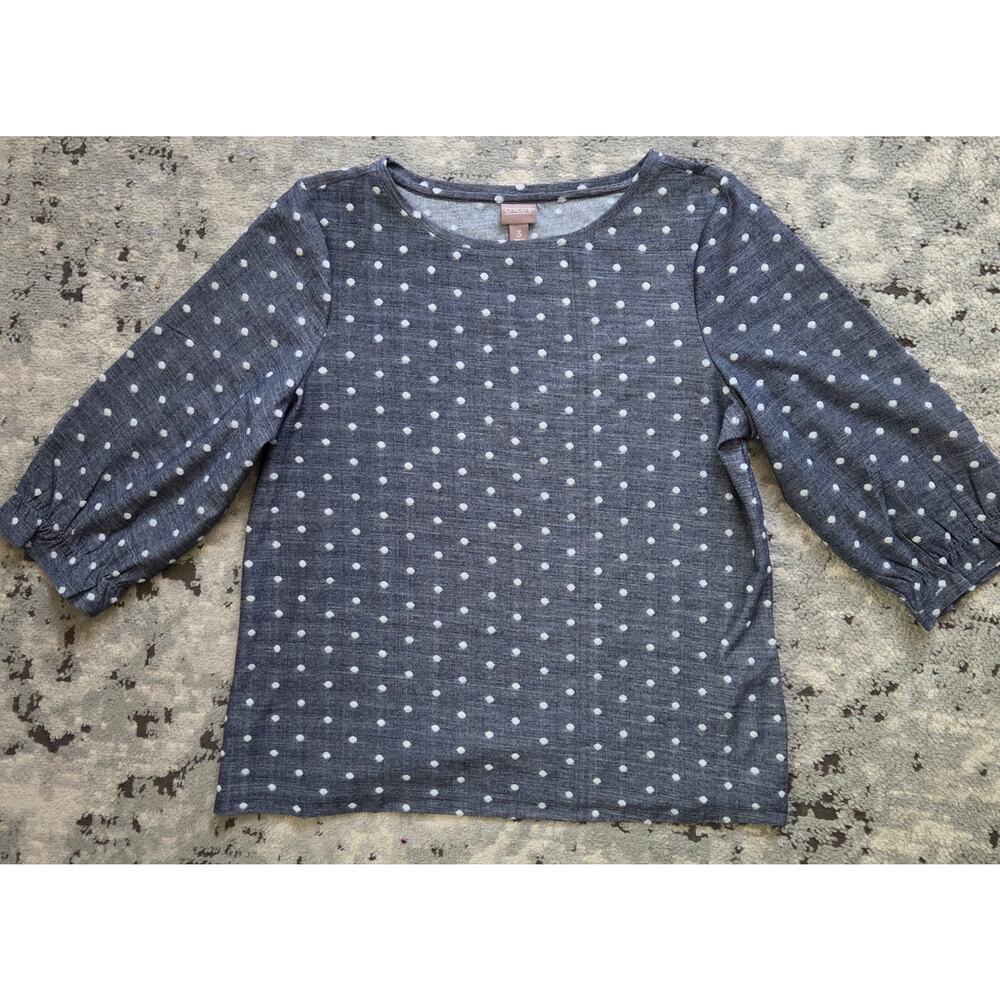 Chico's Gray White Polka Dot Ruffled 3/4 Sleeve Blouse Top Streetwear Casual